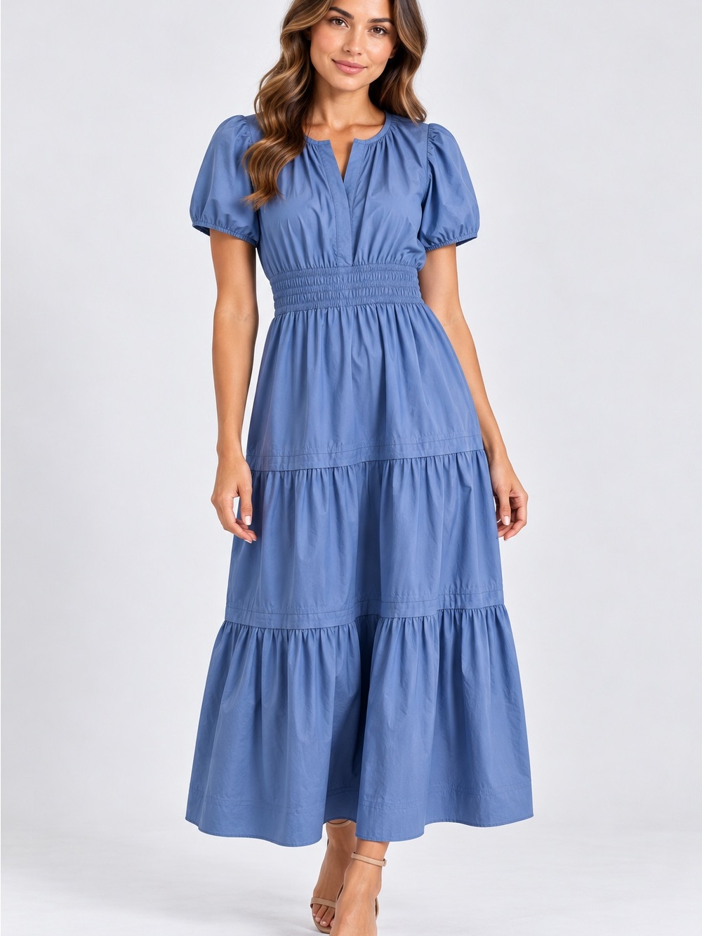 Quince Dusty Blue Puff-Sleeve Tiered Maxi Dress